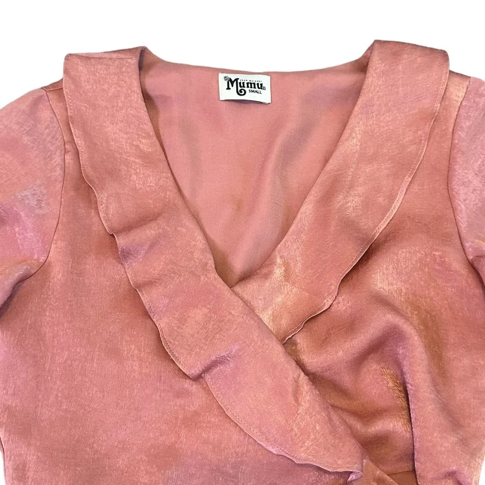 Show Me Your Mumu Satin Mini Wrap Dress Ruffle Short Sleeve Size Small Women's - Picture 2 of 12